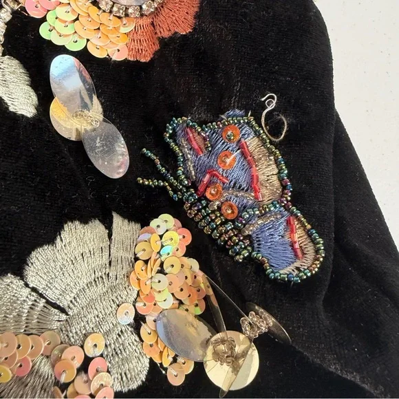 Y2K Black Velvet Sequin Butterfly Shoulder Bag Floral Beaded Boho Purse vintage - Picture 6 of 14